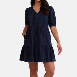 Time and Tru navy V-neck Women's Eyelet Mini Dress Puff Sleeves two Pockets sz M